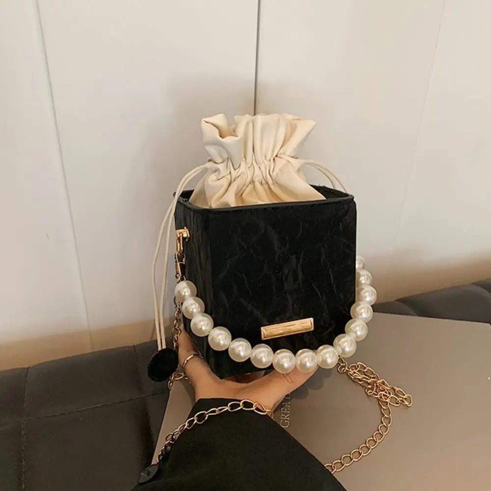 Retro Pu Leather Women Bucket Bag Square Vintage Drawstring Crossbody Pearl Chain Strap Shoulder Outdoor 250227