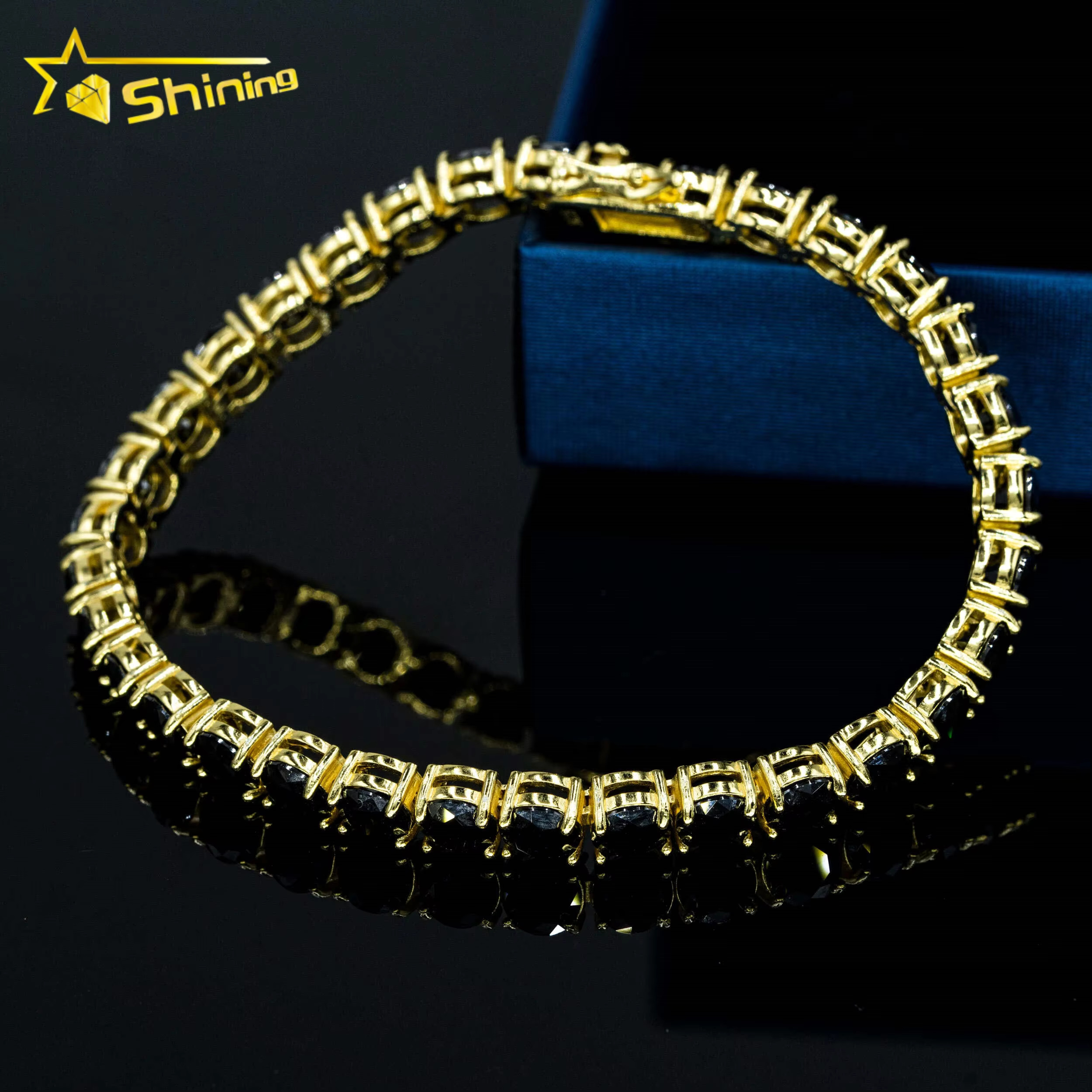 Yellow Gold Plated 3mm 4mm 5mm 6.5mm Black Moissanite Chain Sterg Sier Men Women Tennis Necklace Bracelet