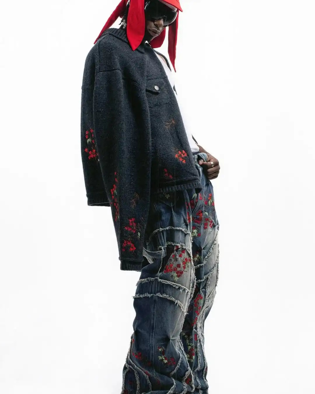 Vintage heavy-duty jeans Y2K mens cherry blossom embroidery retro open collar embroidery retro blue pocket jeans low waist wide Trouser 250306