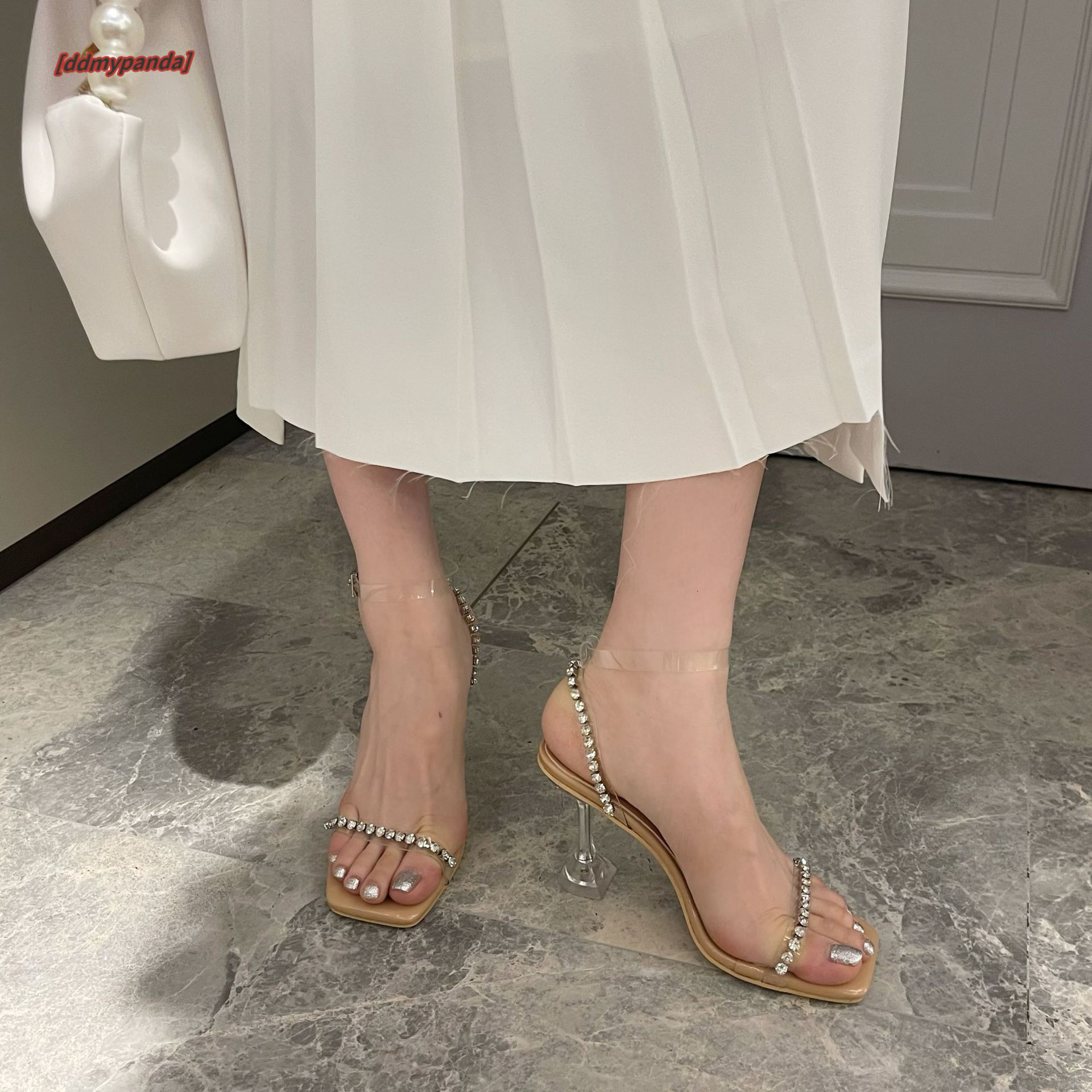 2025 Summer New Type One Belt Fairy Water Diamond Square Head Wine Glass Crystal Transparent High Heel Sandals for Women #ddmypanda