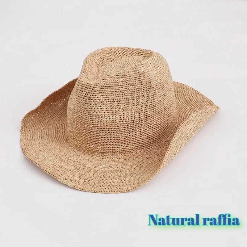 Newly hand woven crocheted natural Rafia sun hat summer simple western cowboy hat with curled Brim beach sun protection straw hat W250307
