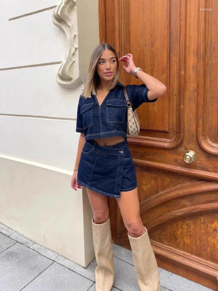 Womens Tracksuits Fashion Flip Pocket Decoration Short Collar Slim Fit Denim Top Asymmetric Skirt 2 Piece Set
