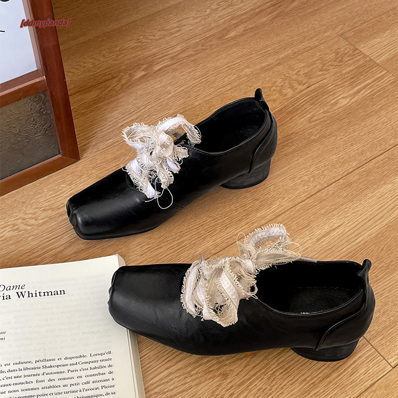 Brown ballet thick heel small leather for women 2025 new spring and autumn French style dress Mary Jane single shoes #ddmypanda