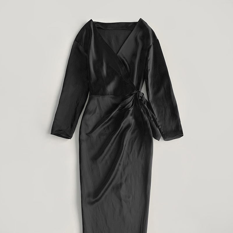 (266) Glossy Lace-up Dress Long Skirt V-neck Long Skirt Pleated Waist Tall Elegant Dress