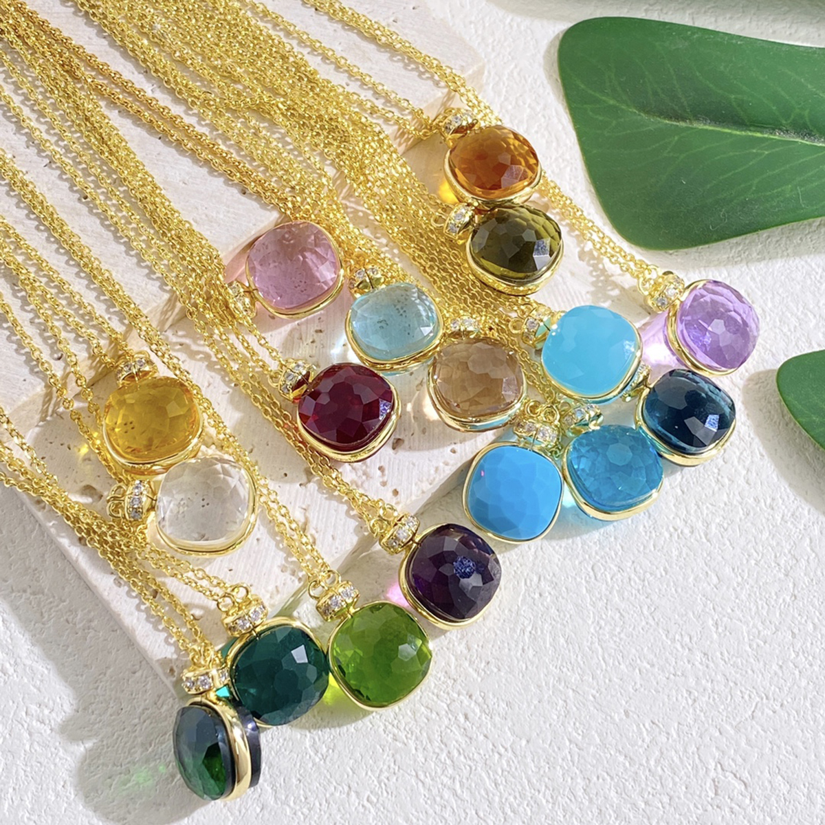 Trendy Candy Color Faceted Crystal Pendant Necklace Gold Plated Brass Double-Sided Transparent Gemstones Elegant Jewelry 43cm+2.4cm Extension