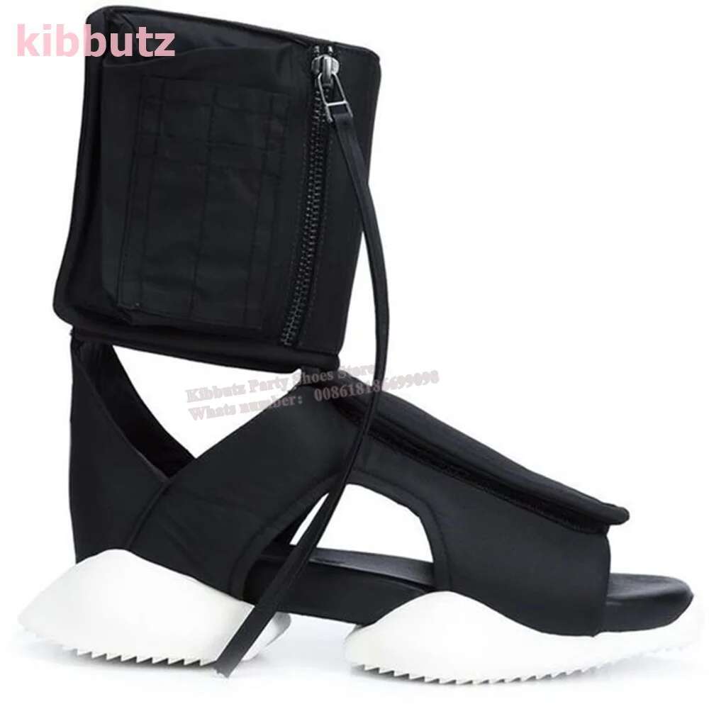 Hook Loop Sandal Boots Open Round Toe Height Increasing Hollow Solid Color Black Fashion Runway Show Novelty Concise Shoes New