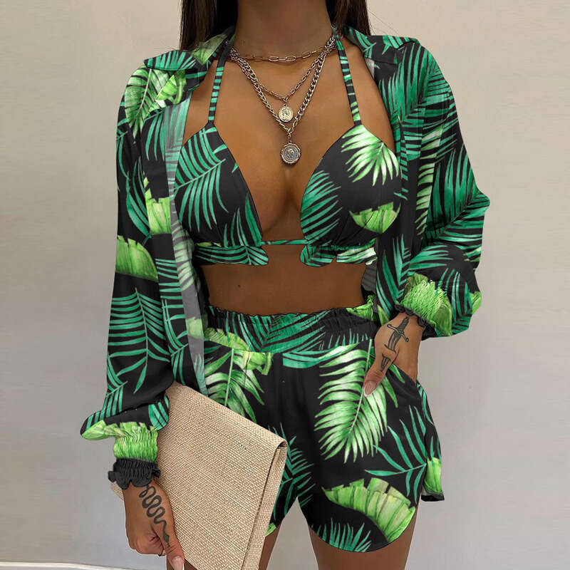 2024 New Sexy Three Piece Autumn Beach Fashion Shorts Set For Women's Clothing KLMY