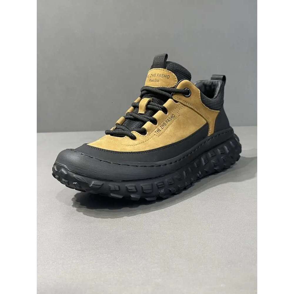 Mens Outdoor Antiskid Running Lace Up Thick Platform Genuine Leather Spliced Joggers Training Athlete Sport Shoes