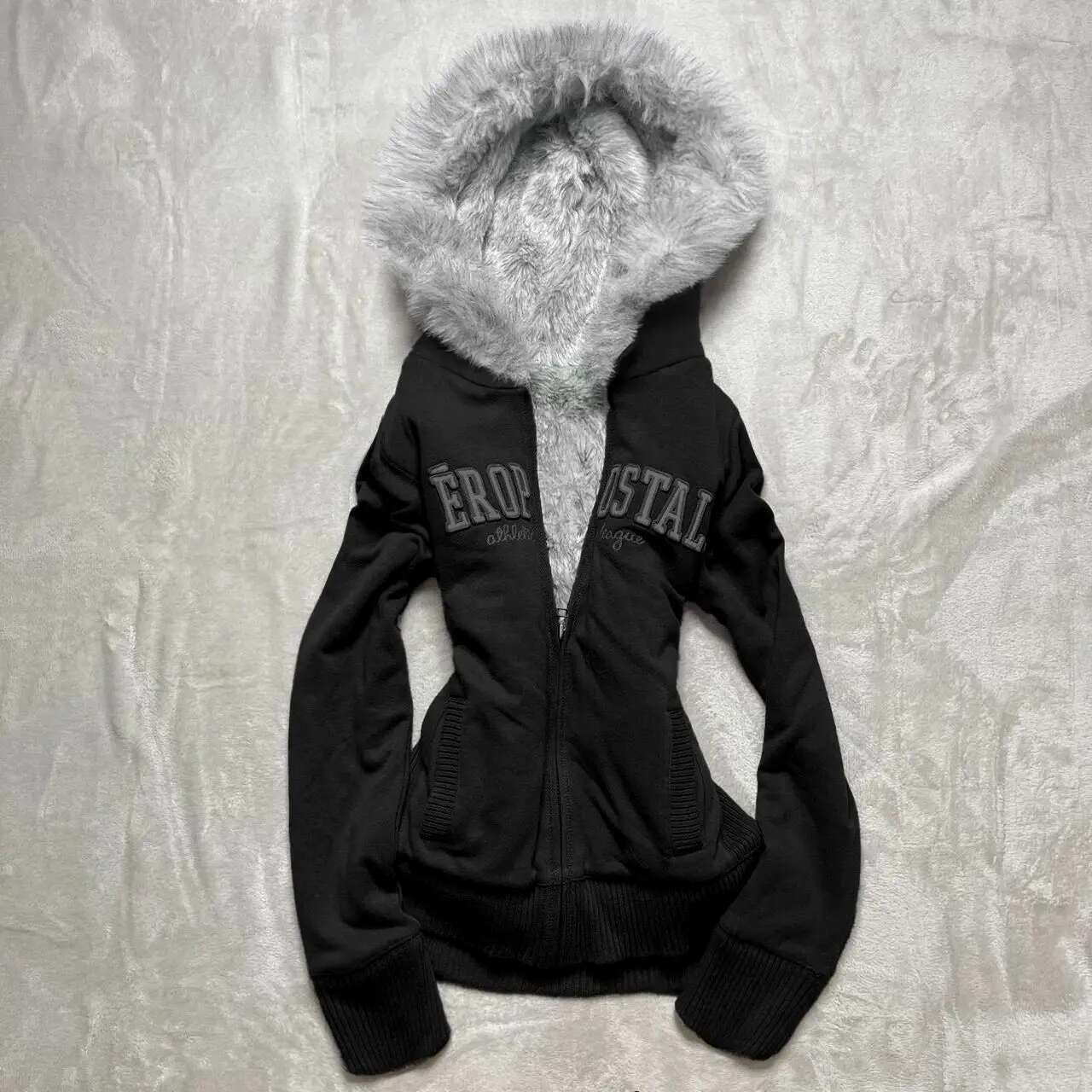 American Original Gray Veet Thickened Hooded Sweatshirt For Women Retro Slim Hottie Design Warm Zipper Jacket