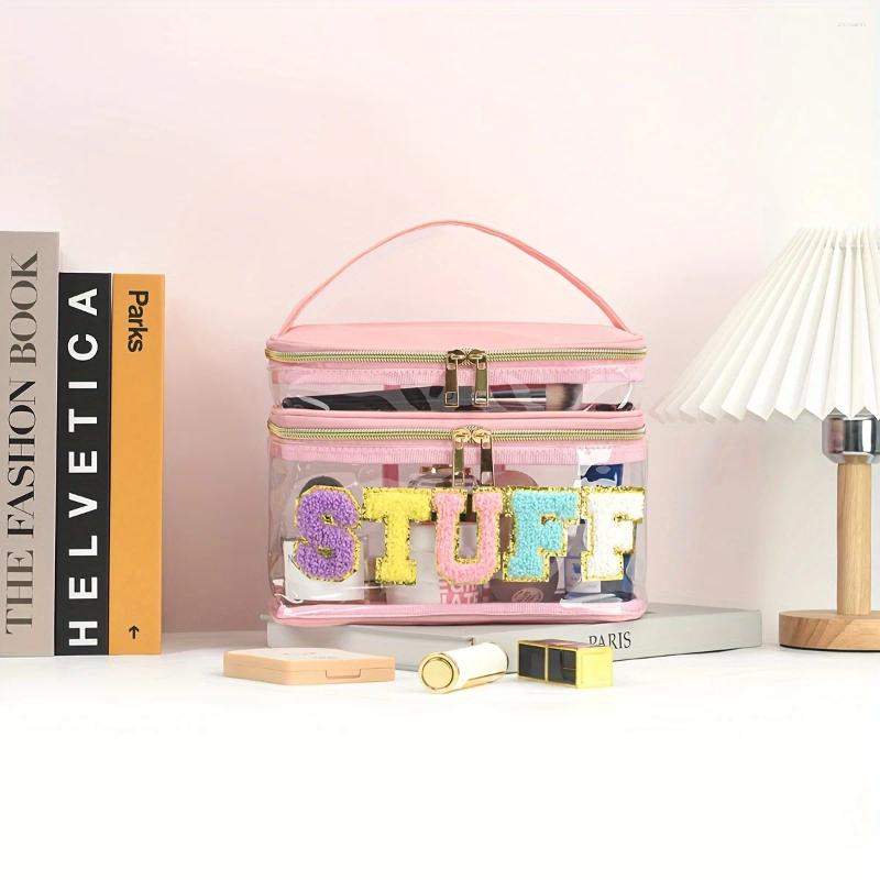 2025 NEW Cosmetic Bags 1pcs Large Capacity Letter Embroidery Double Layer Transparent Bag Toiletry Travel Storage Suitable For zhanyishengli