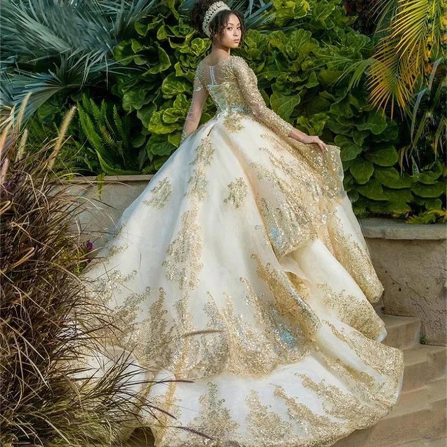 Gold Quinceanera Dress Lace Pearls Ball vestidos para 15 vestido anos Glitter Long Sleeve Sequined Birthday Prom Gown V1F31 Free ship
