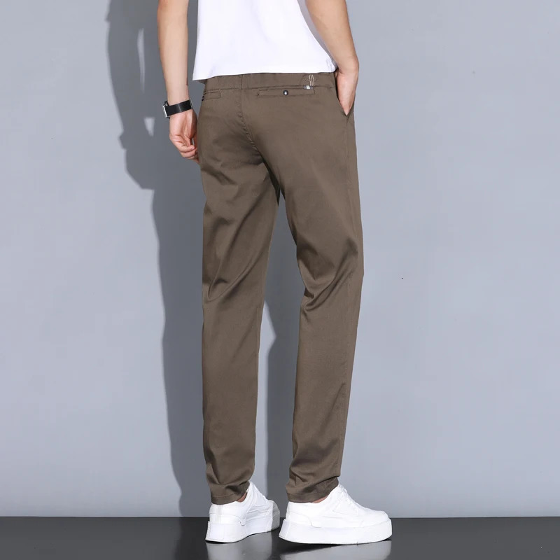 2024 Summer Thin Men Straight Casual Mens Pants Slim Stretch Elastic Waist Male Trousers Solid Color Clothing Coffee 250305Z