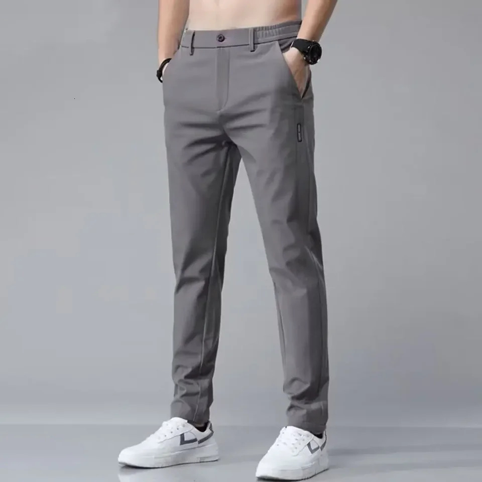 Mens casual pants semi elastic waistband nylon ice silk elastic straight tube light gray business gentleman summer casual 250305Z