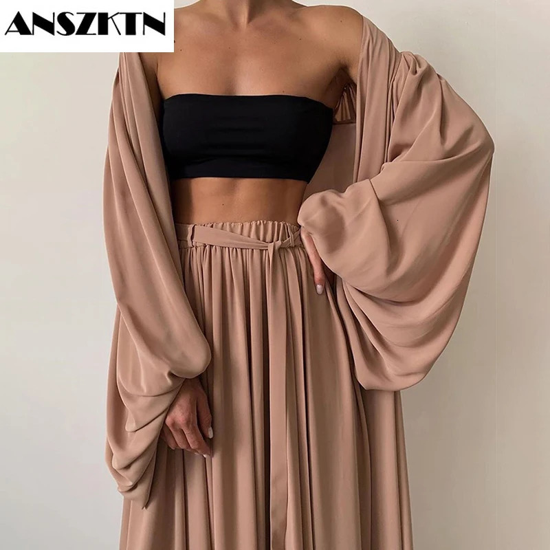 ANSZKTN Short Vest Lantern Long Sleeve Coat High Waist Wide Leg Pants Sexy Women 2 pieces Sets 250225