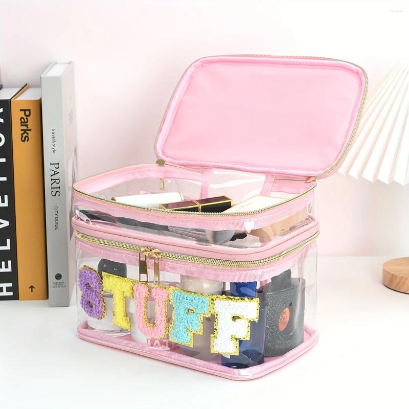 2025 NEW Cosmetic Bags 1pcs Large Capacity Letter Embroidery Double Layer Transparent Bag Toiletry Travel Storage Suitable For zhanyishengli