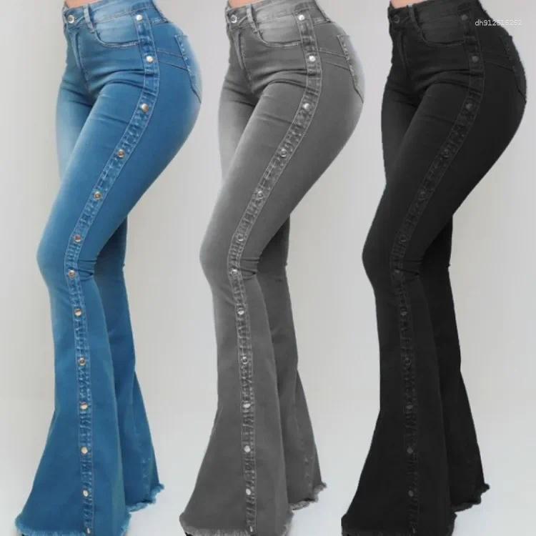 Women's Jeans High Waist Strecth Denim Flare Pants Women Vintage Trousers Buttons Denims Streetwear 2025 Autumn Female Floor Length