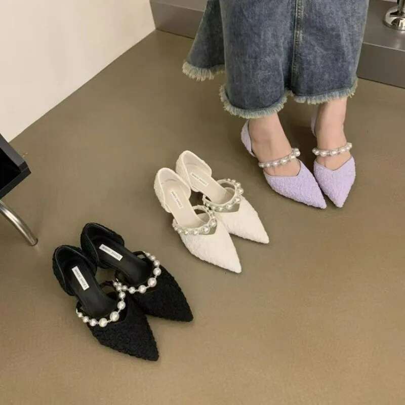High 2025 Black Heels New Pumps Stiletto Pointed Toe Pearl Anklets High-end Fashionable Comfortable Women's Shoes -end