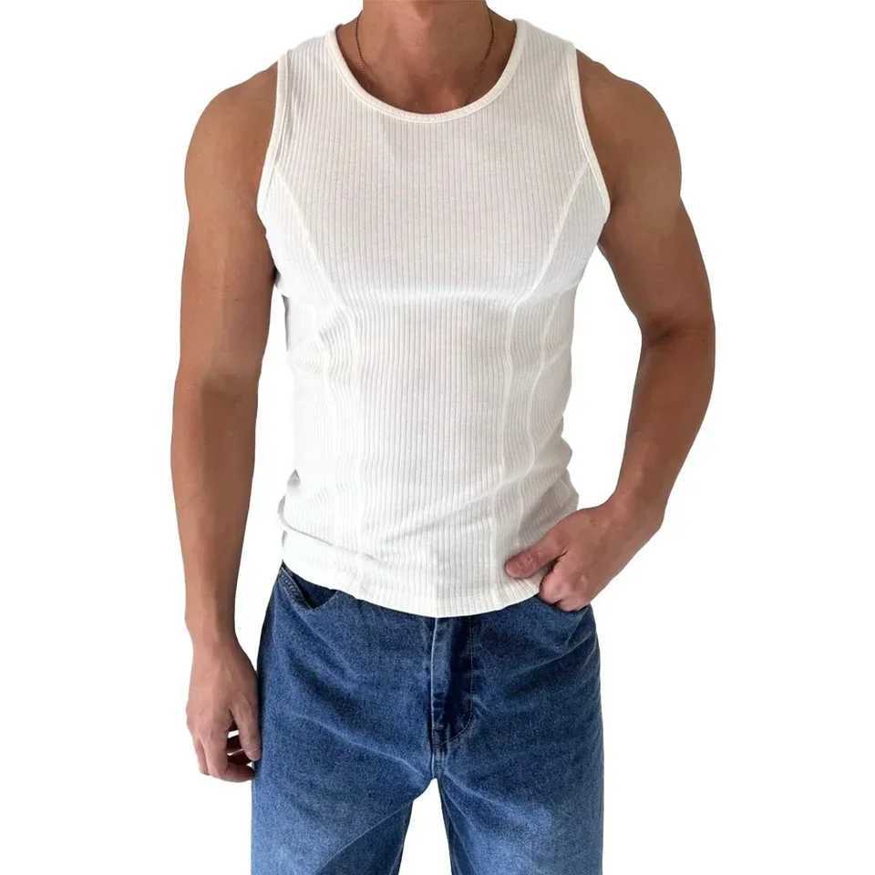 Top Men Vest Ribbed Sleeveless Stripe Tank Top Vertical Vest Fitness Regular Slim Fit Solid Sports ActivewearT250318