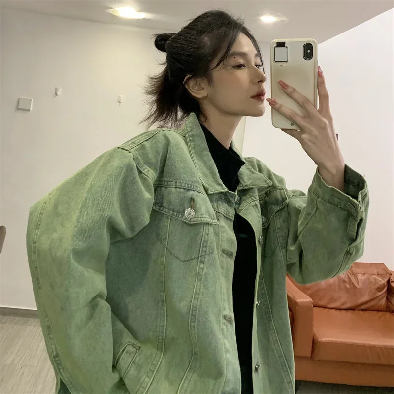 2025 Korea Green Wash Denim Jacket Womens Harajuku Loose Jeans Street Fashion Button 250226