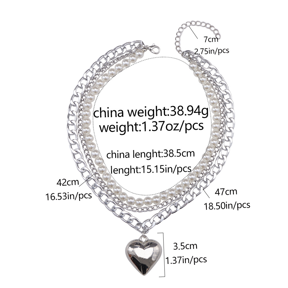 Multi-layer pearl love pendant necklace splicing metal chain bright surface versatile temperament ins necklaces in Europe and the United States fashio