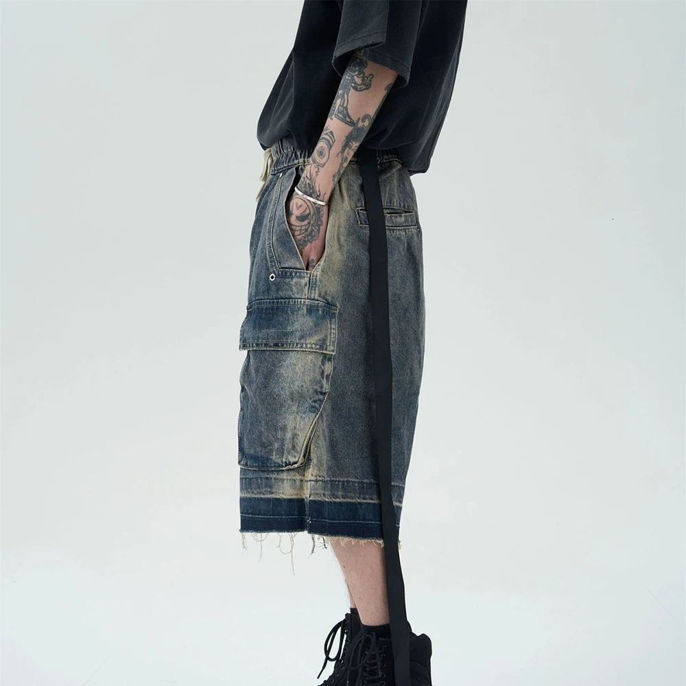 Summer retro blue wide leg brushed denim shorts with washed loose denim mens fashion trend straight Y2k shorts 250306
