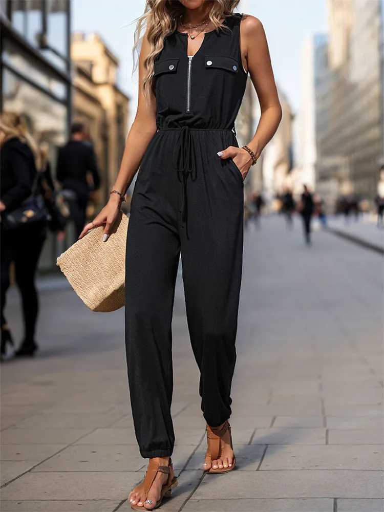 Europe and the United States spring and summer sveless zip-up V-neck jumpsuit pocket high-waisted cargo jumpsuit pantsXJ250307