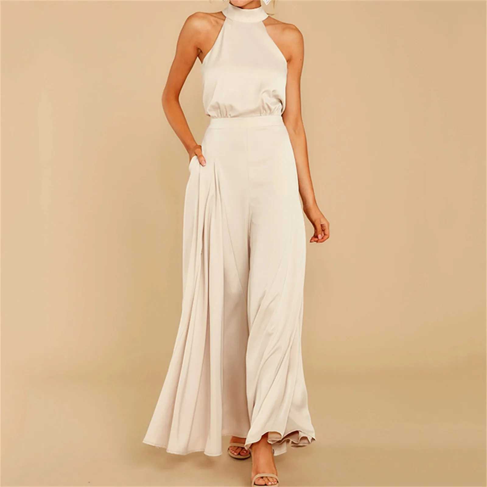 Womens Neck Tie Back Jumpsuit Solid Color Women Full Length Large Leg Loose Pants Casual One Piece Sling Long TrousersXJ250307