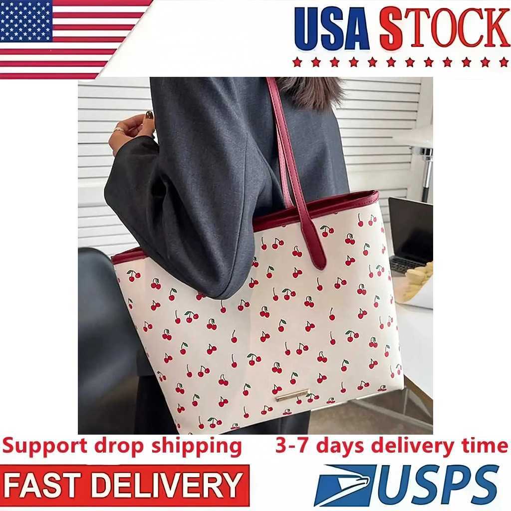 Chic Cherry Print PU For Women Fashionable Shoulder Bag Large Capacity Commuter Handbag 3-7 days deliveryC250312