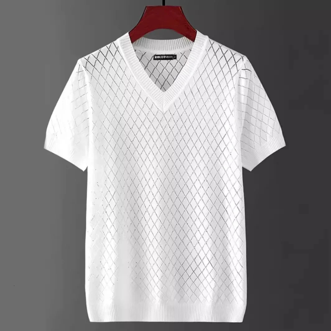Mens Ice Silk Hollow V-neck T-shirt Top Summer Cool Thin Style Chicken Heart Short Sleeves Knitted Top 250303