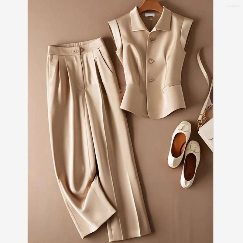 Women's Two Piece Pants Korean Elegant Sleeveless Suit Summer Lapel Single Breasted Office Lady Tops Wide Leg 2-Piece Set Outfits 877P