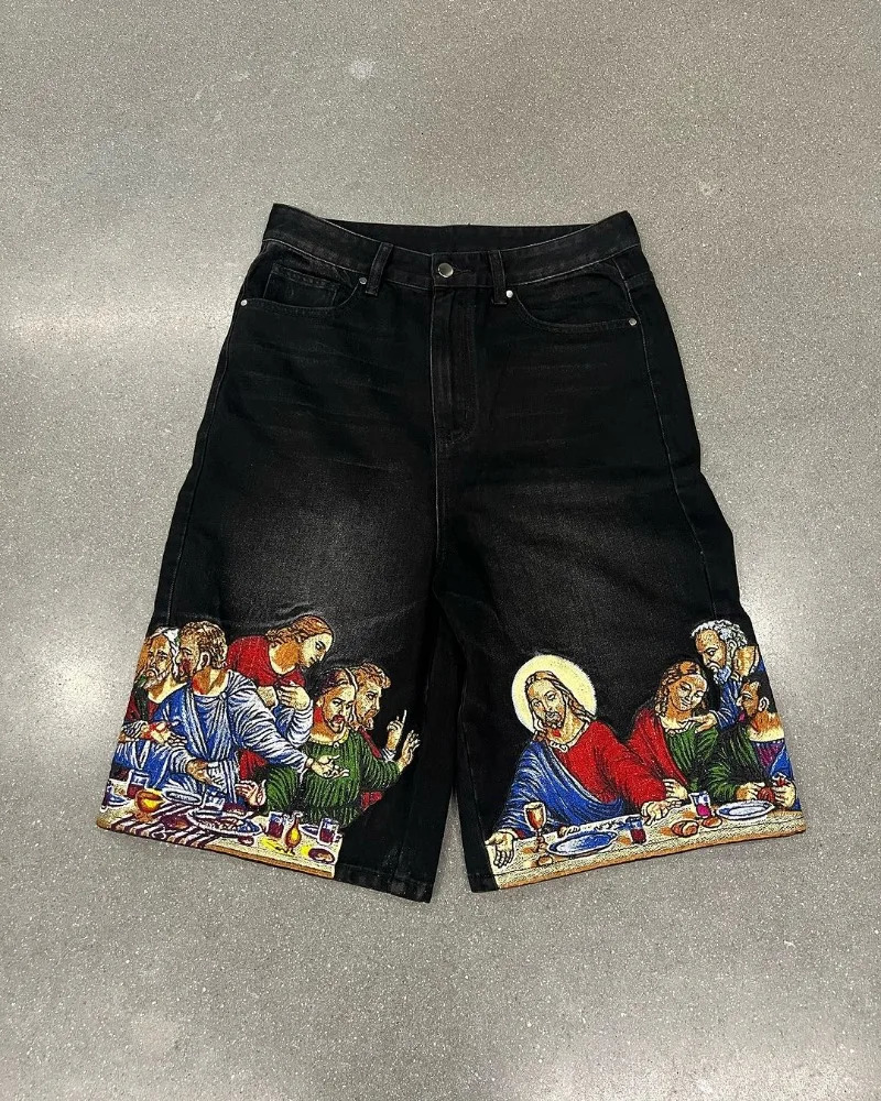 Harajuku retro cartoon print ultra wide long leg pants Gothic wash difficult to wear jeans mens Y2k fashion casual denim shorts womens 250306