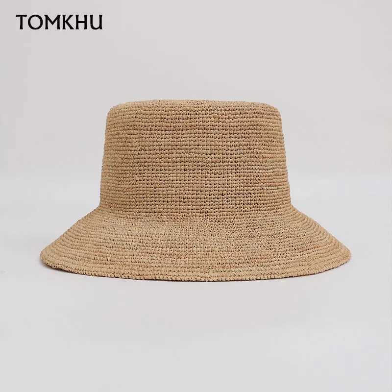 Summer Handmade Raffia Straw Wide Brim Bucket Hats Women Fashion Casual Sun Hat Foldable Flat Top Straw Hats Vacation Beach Hat W250307