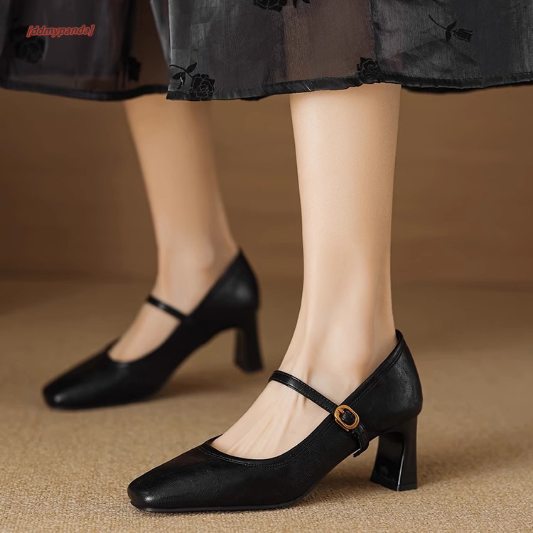 Sheepskin~French Black High Heels 2025 Spring Strap Commuter Coarse Heel Mary Jane Single Shoes #ddmypanda