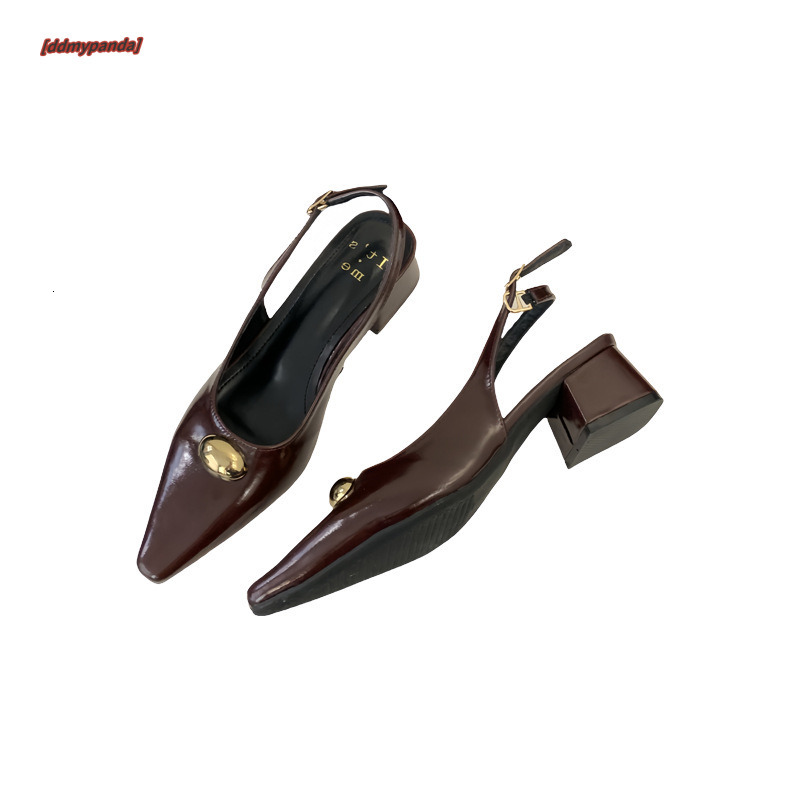Coarse heeled sandals for women's spring/summer 2025 new item with pointed shallow mouth metal buckle and empty back Mary Jane temperament single