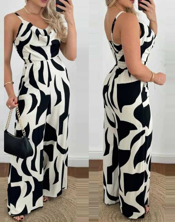 Casual Overall Spaghetti Strap Pocket All Over Print Swing Collar Sveless Allover Print High Waist Wide Leg Loose JumpsuitXJ250307