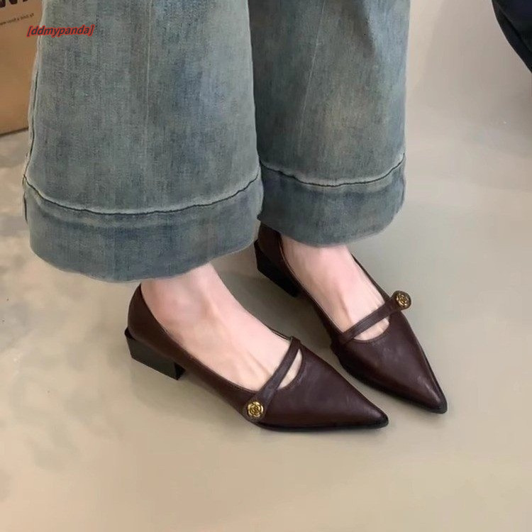 Shallow mouth high heels, women's mountain camellias, one button thick single order shoes, pointed temperament, Mary Jane shoes #ddmypanda