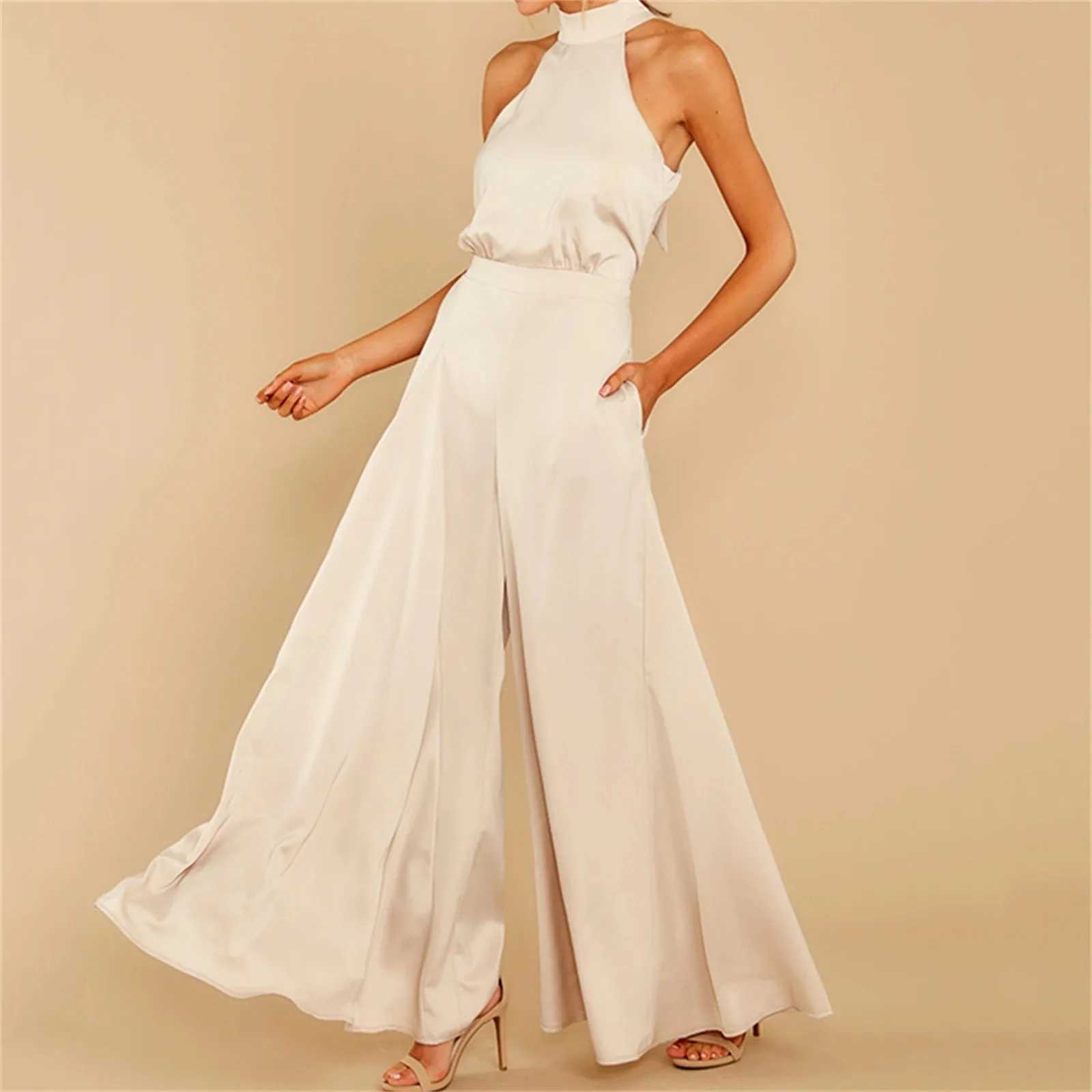 Womens Neck Tie Back Jumpsuit Solid Color Women Full Length Large Leg Loose Pants Casual One Piece Sling Long TrousersXJ250307