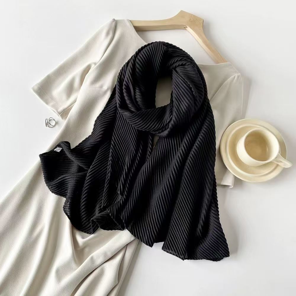 T239 Spring and Summer new pure color cotton and linen feel long silk scarf female wrinkled simple scarf headscarf