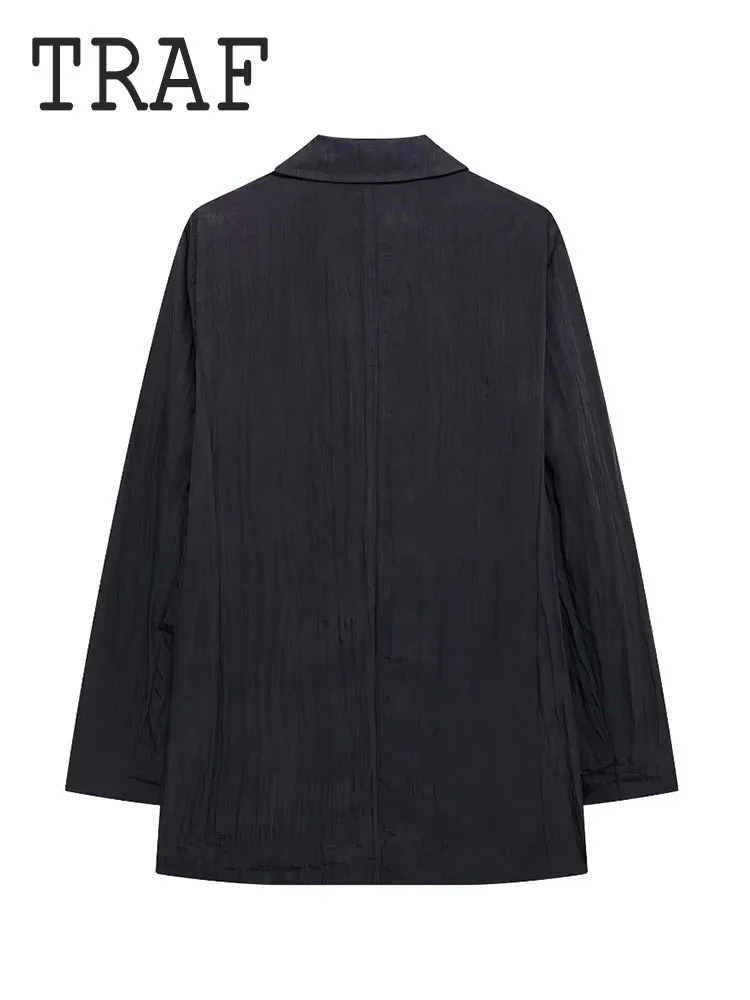 TRAF Dark Womens Two Piece Sets Elastic Waist Wide Leg Pants Set Wrinkle Effect Open Collar Suit Coat Top Elegant 250225