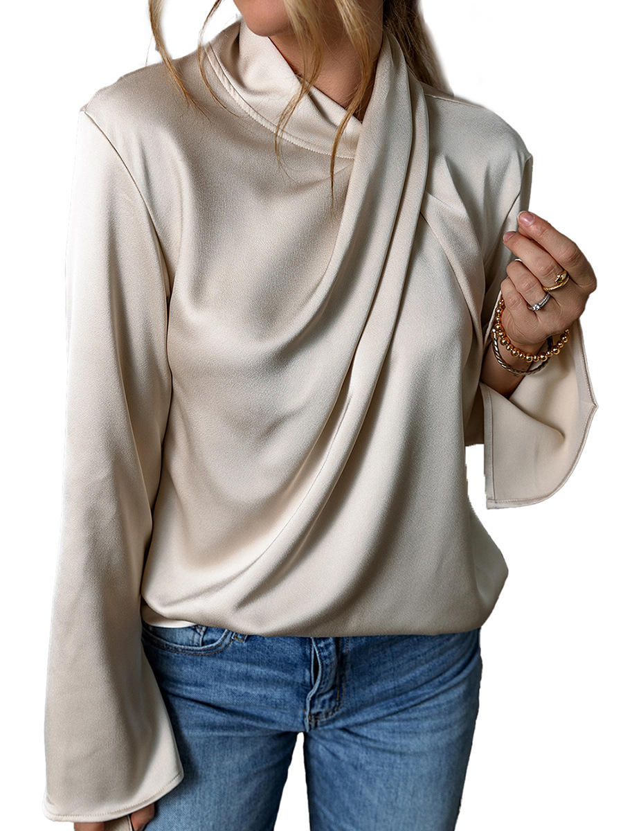 Women Satin Blouses Hot selling Spring new solid color satin chiffon blouse for women, European and American fashion high-end pleated top for women