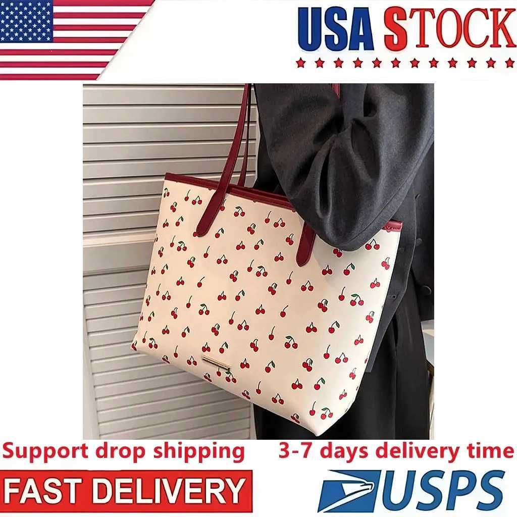 Chic Cherry Print PU For Women Fashionable Shoulder Bag Large Capacity Commuter Handbag 3-7 days deliveryC250312