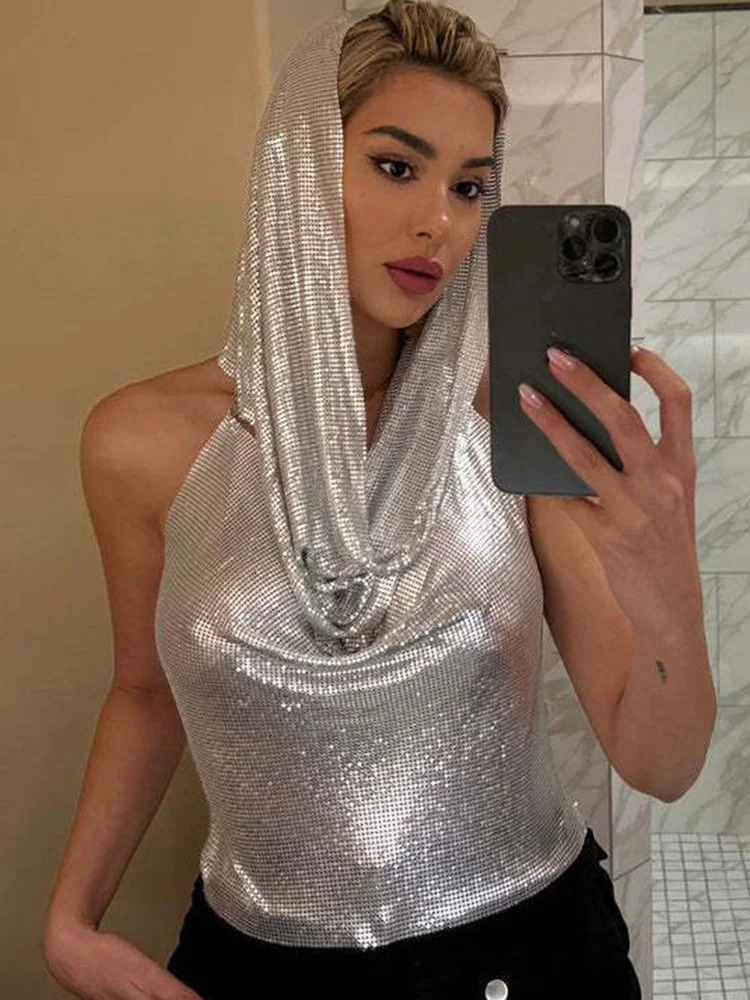 Fashion Sexy Metallic Sequins Women Crop Tank Tops with Headscarf Backless Hollow Out Halter Metal Sequin Chain Corset Top 250304