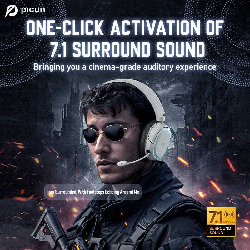 Picun G2 Wireless Gaming Headset wireless connections 5.3 2.4G Headphones 7.1 Surround 5ms Low Latency ENC Mic for PC Phone Switch X250307