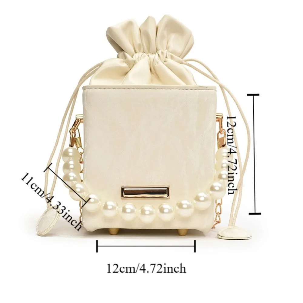 Retro Pu Leather Women Bucket Bag Square Vintage Drawstring Crossbody Pearl Chain Strap Shoulder Outdoor 250227