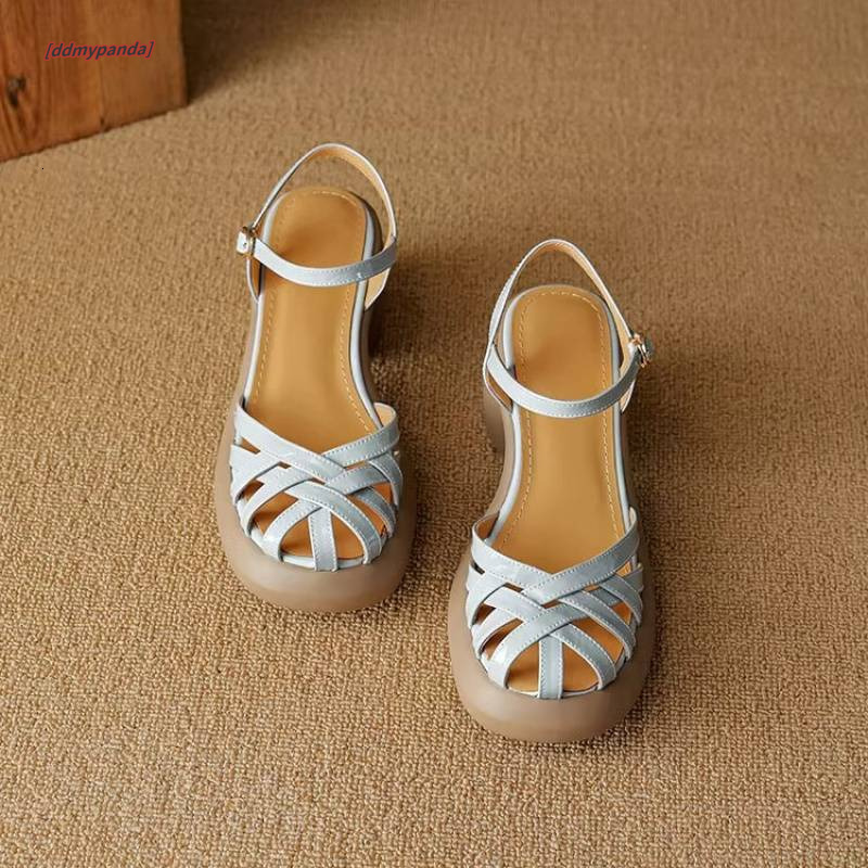 Non tiring feet, genuine leather soled toe, Roman sandals, women's summer woven hollow pig cage shoes, thick heels, high heels #ddmypanda