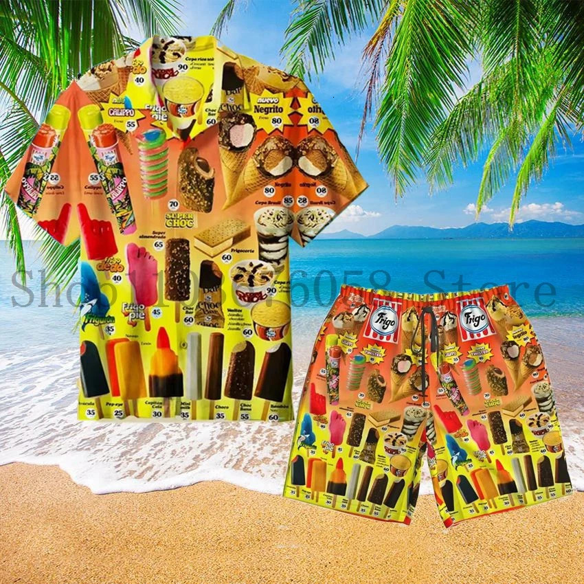 Trendy Cool Fashion Ice Cream Shirts Set Men 3D Print ShirtShorts Two Piece Sets Hawaii Beach Shirt Unisex Clothing 250306