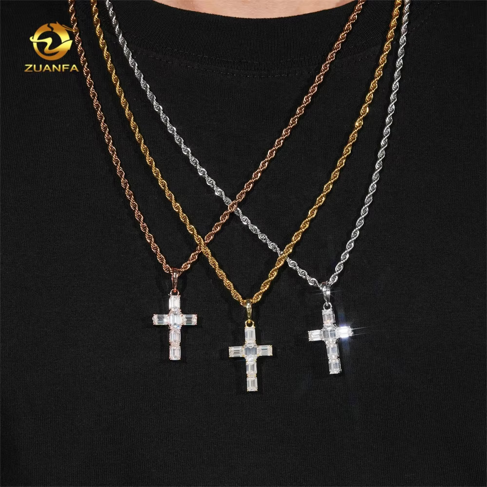 New Arrivals Emerald Cut Hip Hop Style 925 Sterling Silver Tennis Cross VVS Moissanite Pendants