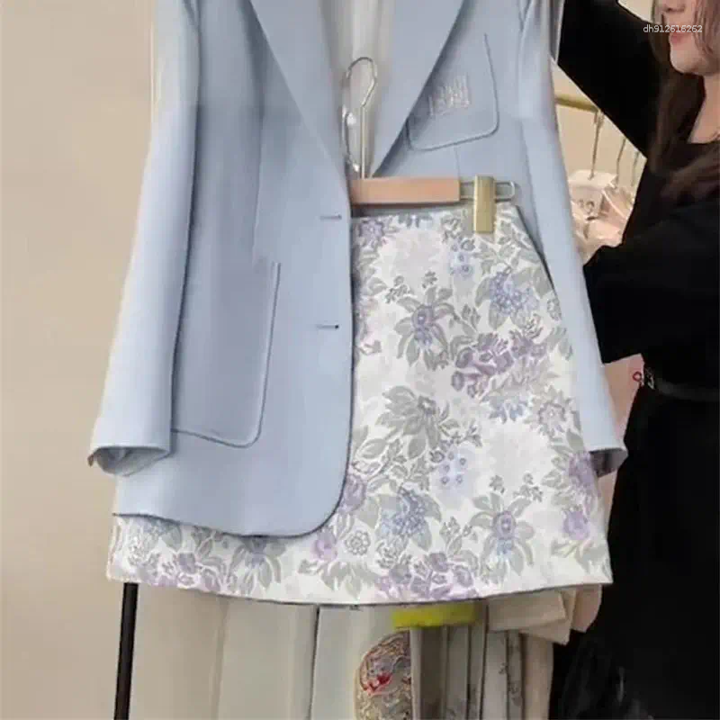 Work Dresses Spring Korean Sweet Women's Outfit 2-Piece Set Elegant Beading Jacket Floral Printed Slim Short Skirt Office Lady Suit 114B