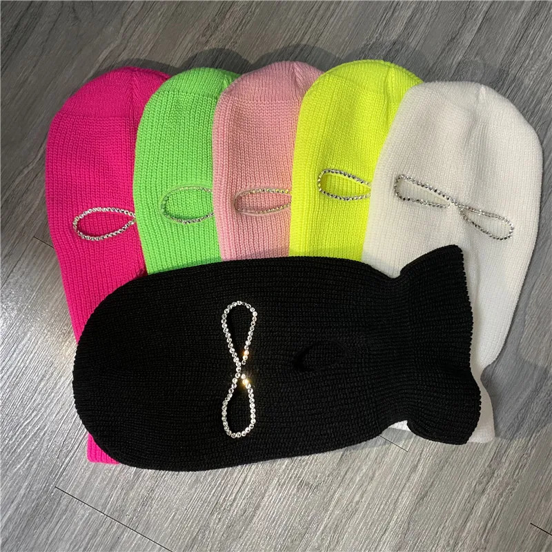Shining Diamond Balaclava Face Mask Women Pink Sport Knitted Fleece Ski Mask for Women Three Hole Hat Shiny Rhinestone 250306