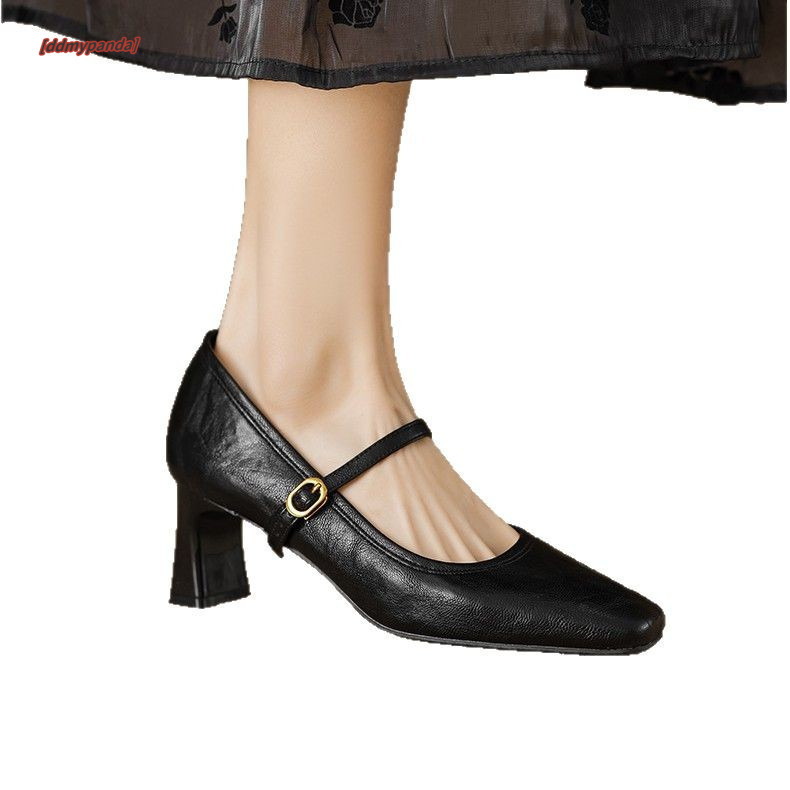 Sheepskin~French Black High Heels 2025 Spring Strap Commuter Coarse Heel Mary Jane Single Shoes #ddmypanda